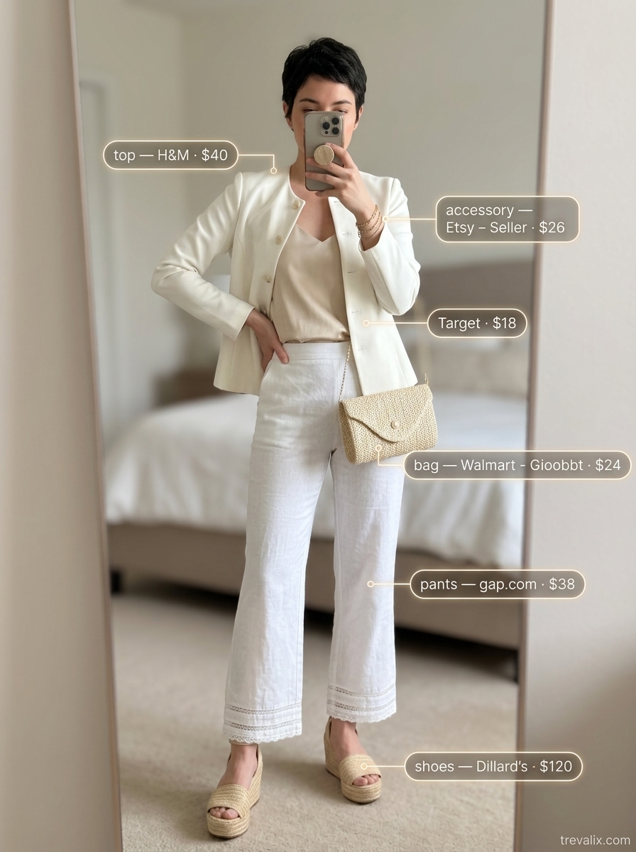 Summer Lace Outfits for Women 2026: White linen pants with lace trim, satin camisole, espadrilles for a chic vacation dinner.
