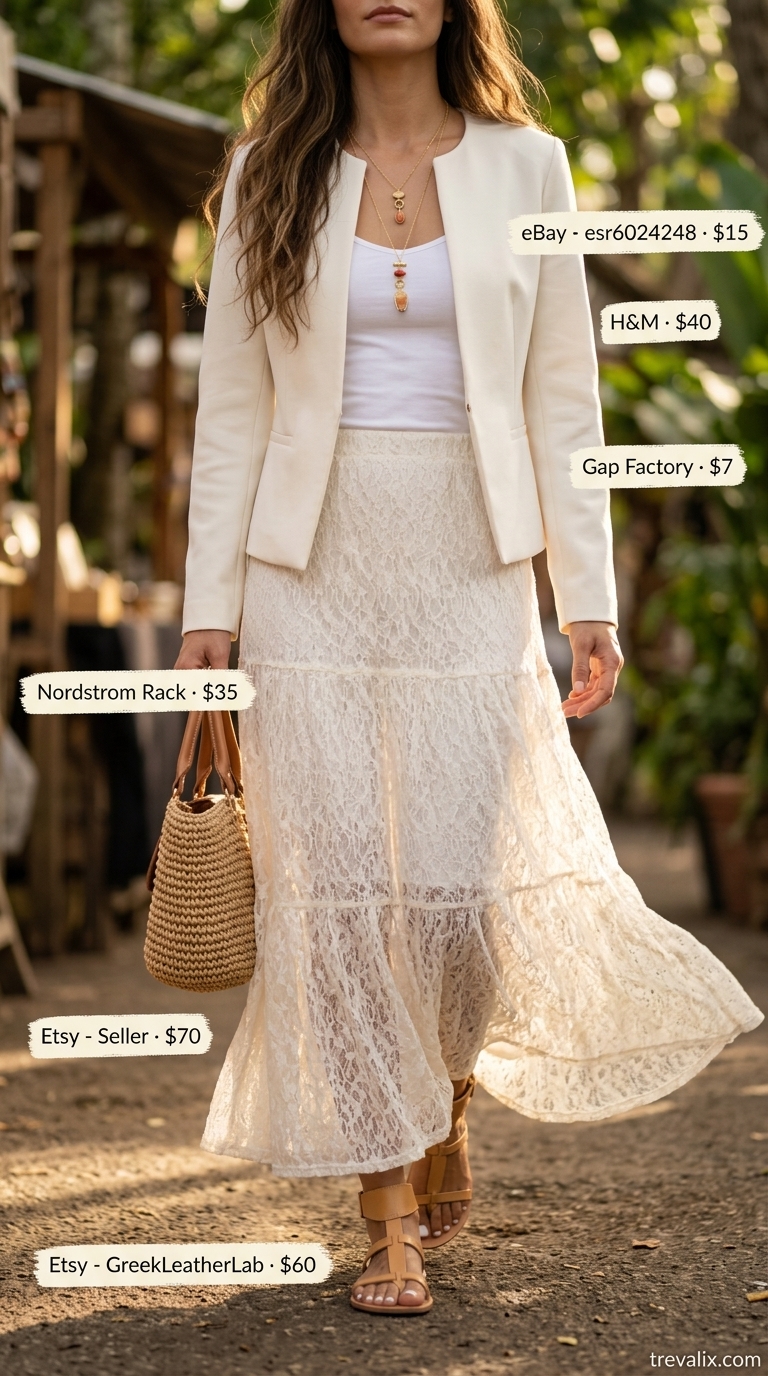 Summer Lace Outfits for Women 2026: Off-white lace maxi skirt, tank top, and gladiator sandals for a bohemian vibe.
