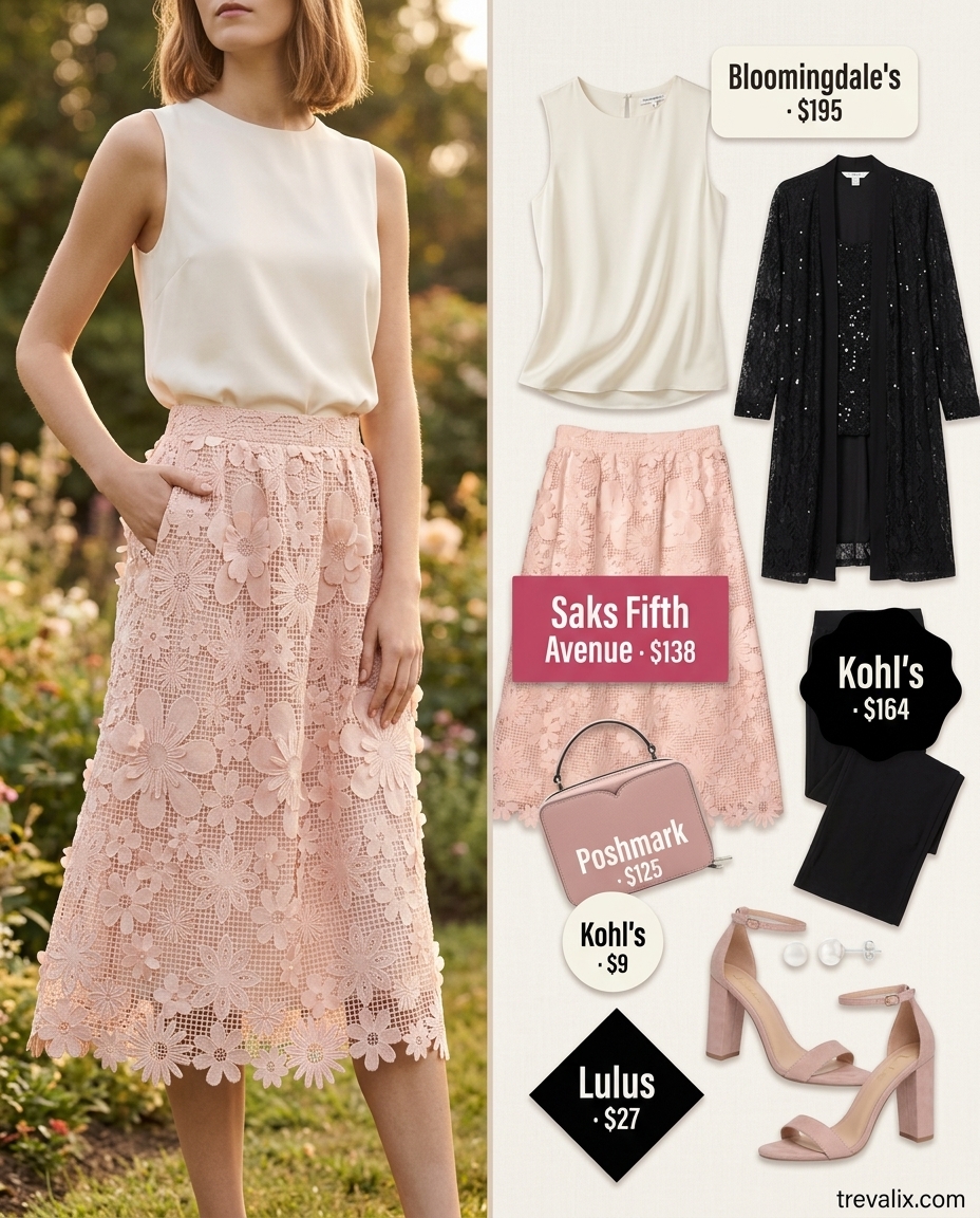 Summer Lace Outfits for Women 2026: Ivory lace midi skirt, shell top, and block heels for a garden party.