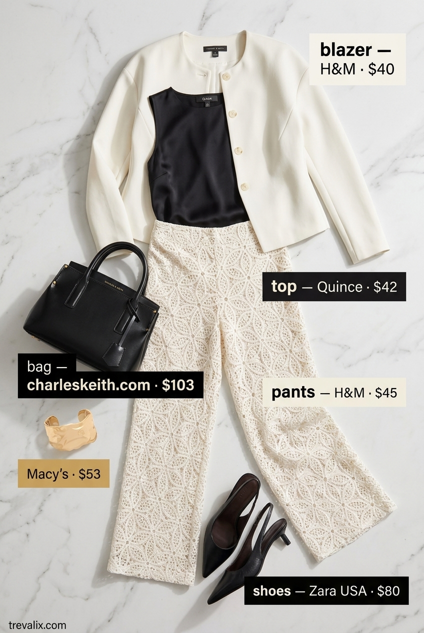 Summer Lace Outfits for Women 2026: Cream lace palazzo pants, black top, and heels for a sophisticated summer event.
