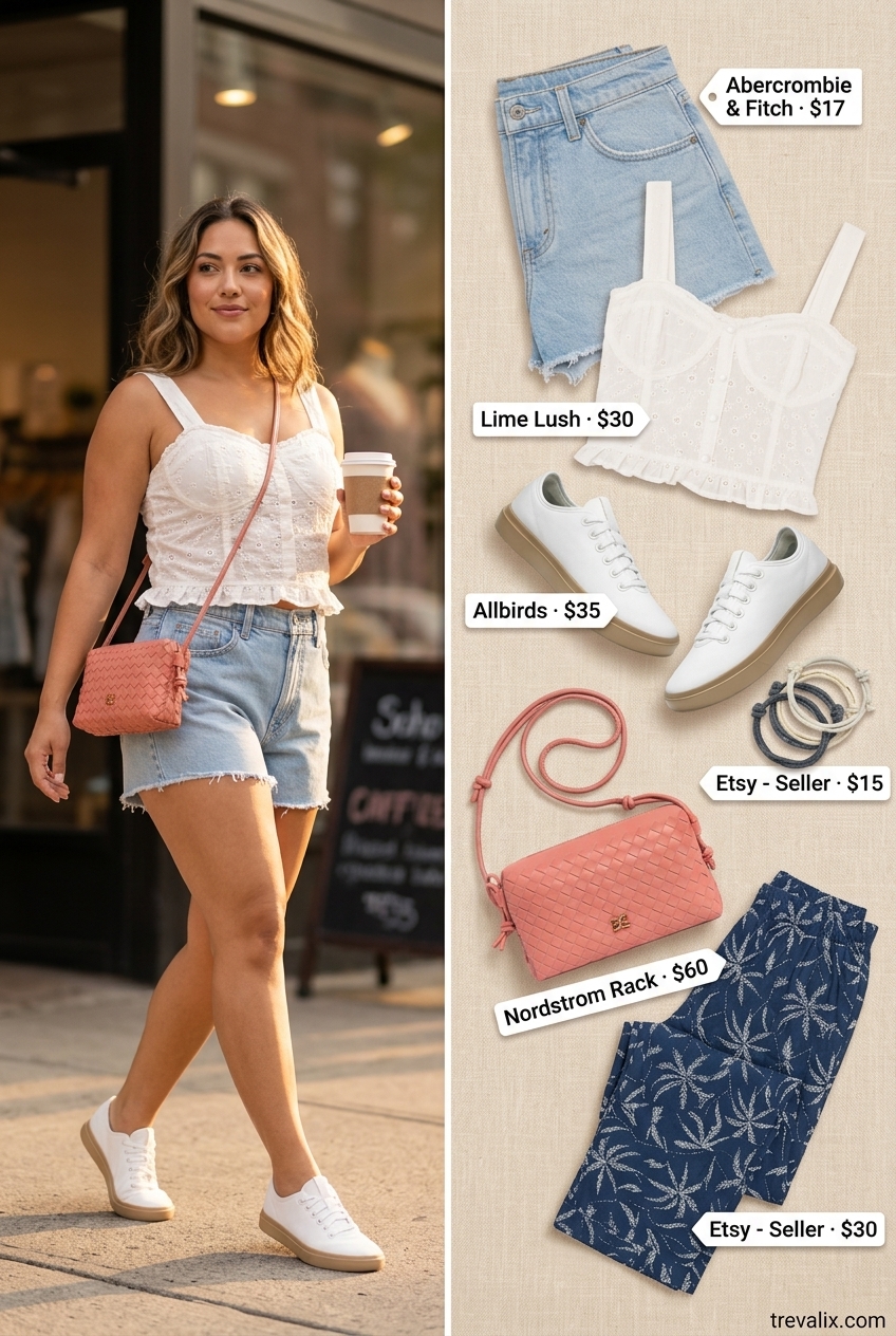 Sweet cream eyelet lace top and denim shorts for summer lace outfits for women 2026.