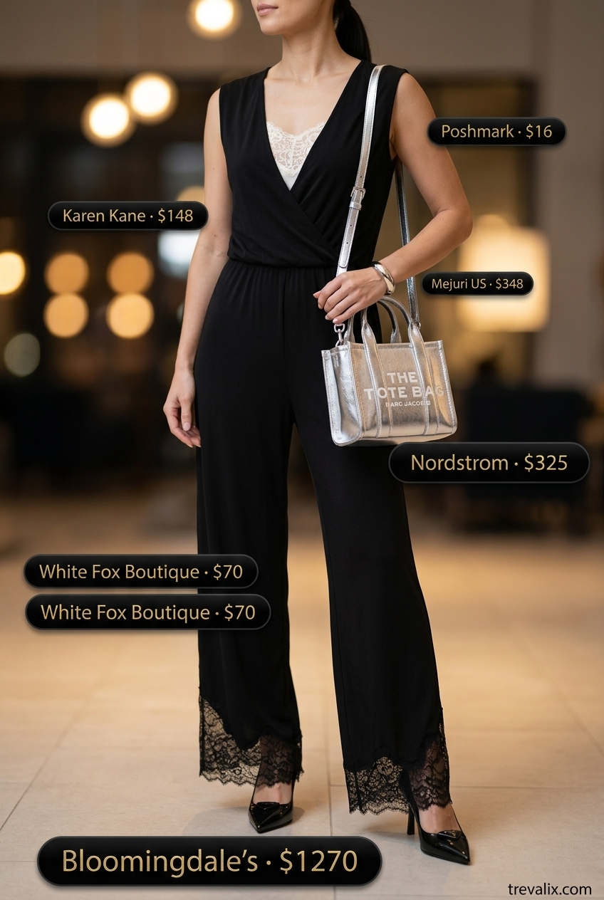 Summer Lace Outfits for Women 2026: Black lace panel trousers, blazer, and camisole for modern workwear or evening.