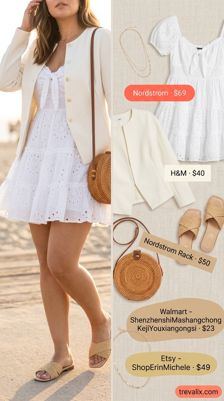 Summer Lace Outfits for Women 2026: White lace mini dress with puff sleeves, straw crossbody bag for a playful beach brunch.