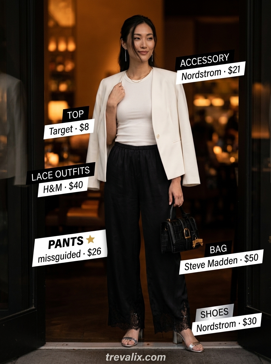 Sophisticated summer lace outfits for women 2026: Black lace trim wide-leg pants with cream ribbed tank.