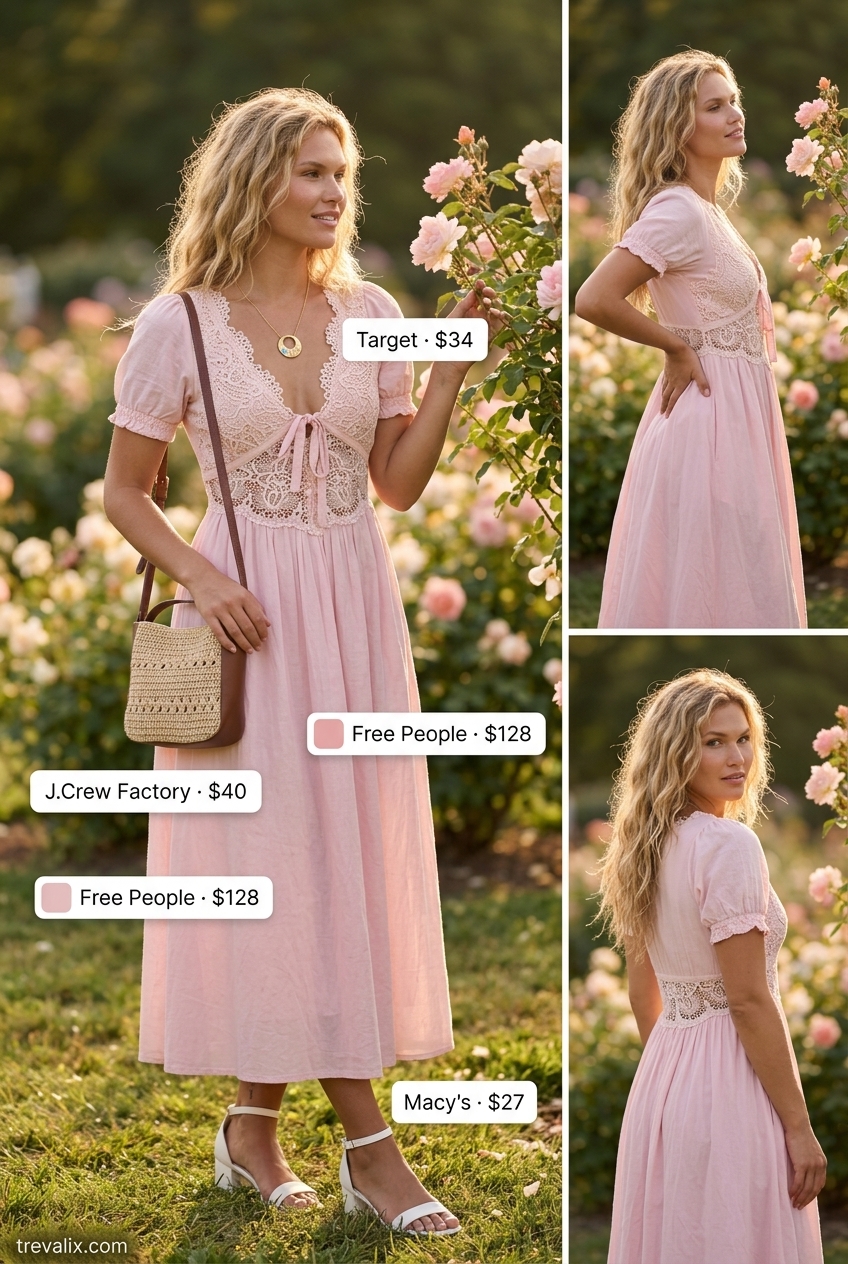 Chic summer lace outfits for women 2026: Blush pink lace overlay midi dress with tan sandals.