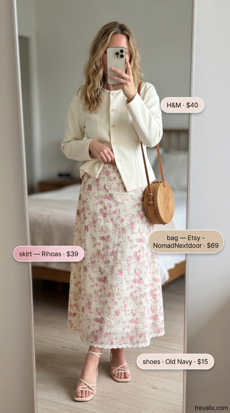 Feminine summer lace outfits for women 2026: Pastel pink floral lace midi skirt with white knit tank.