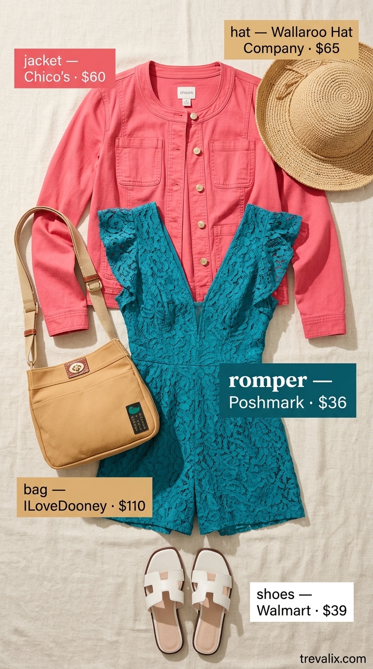 Playful summer lace outfits for women 2026: Teal blue lace romper with white flat sandals.