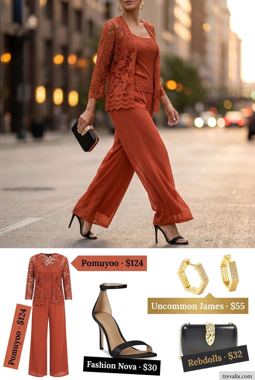 Bold summer lace outfits for women 2026: Terracotta lace jumpsuit with black heels.