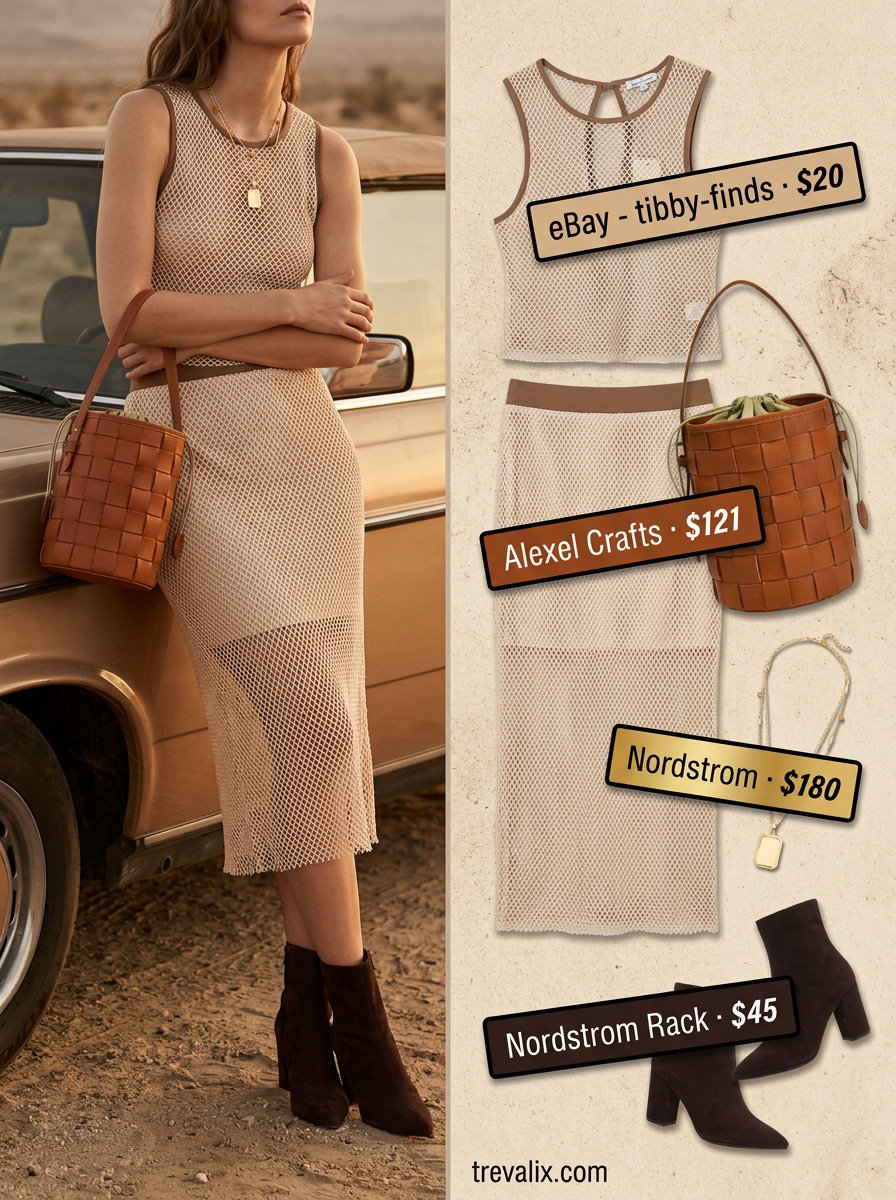 Bohemian beige mesh knit set with terracotta boots for chic summer party outfits 2026.
