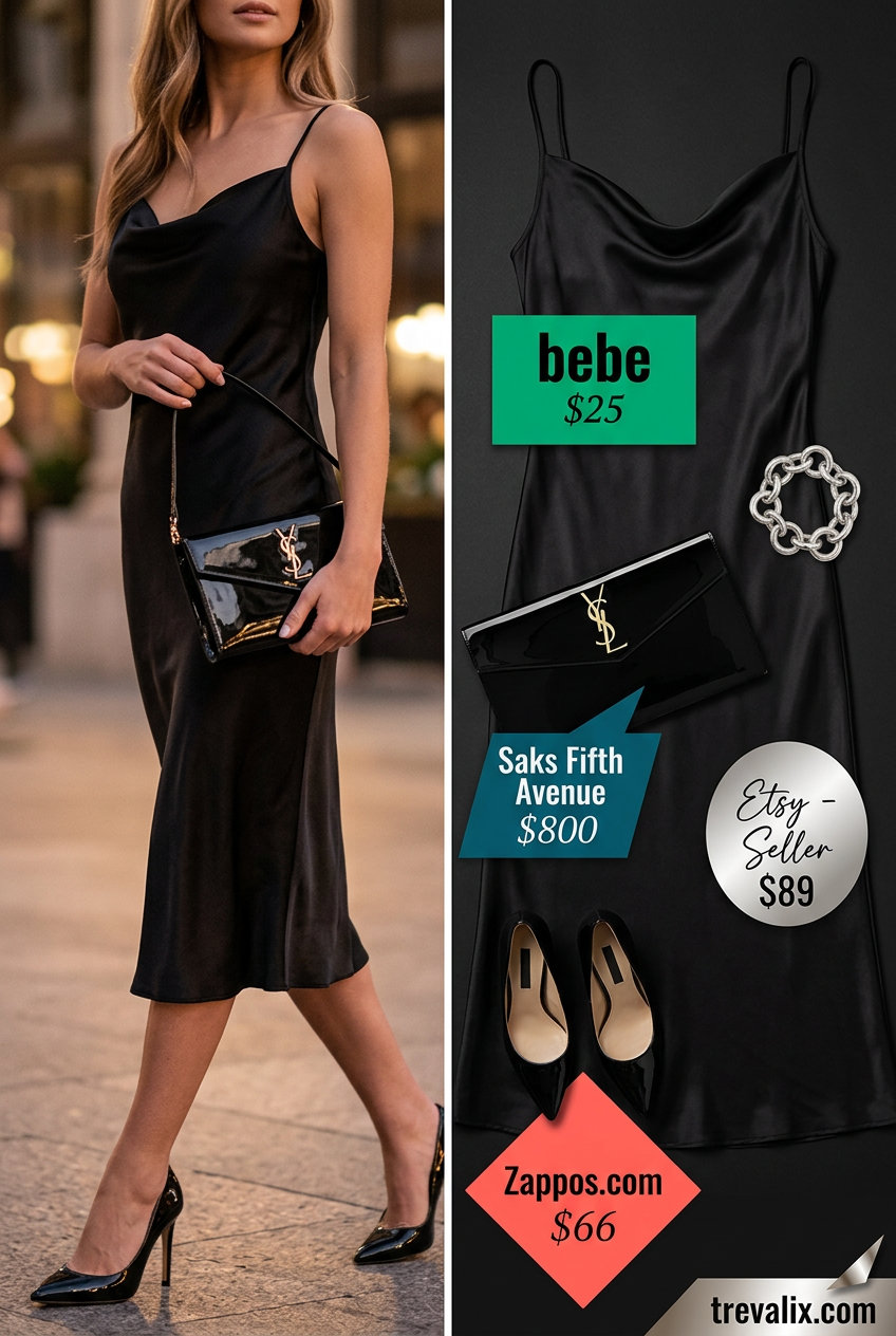 Sophisticated black slip dress with silver accessories and mesh top for summer date night outfits 2026.