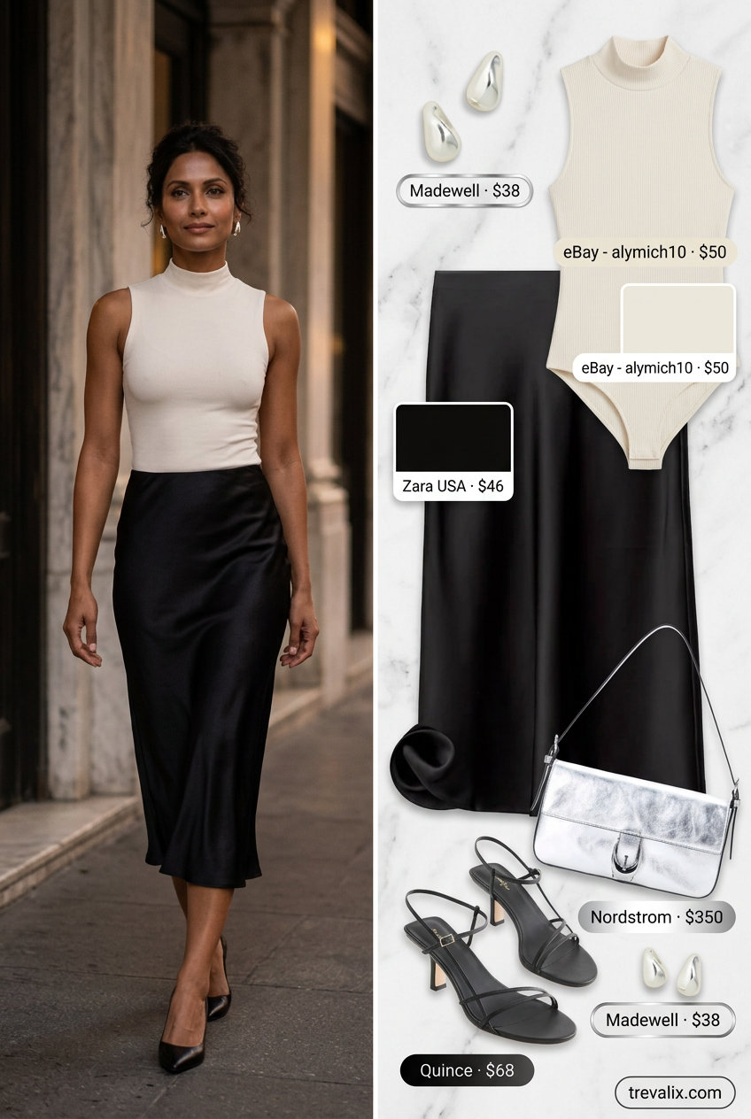 Sophisticated Summer Mesh Top Outfits for Women 2026: Black slip skirt with cream bodysuit, heeled sandals, and silver bag.