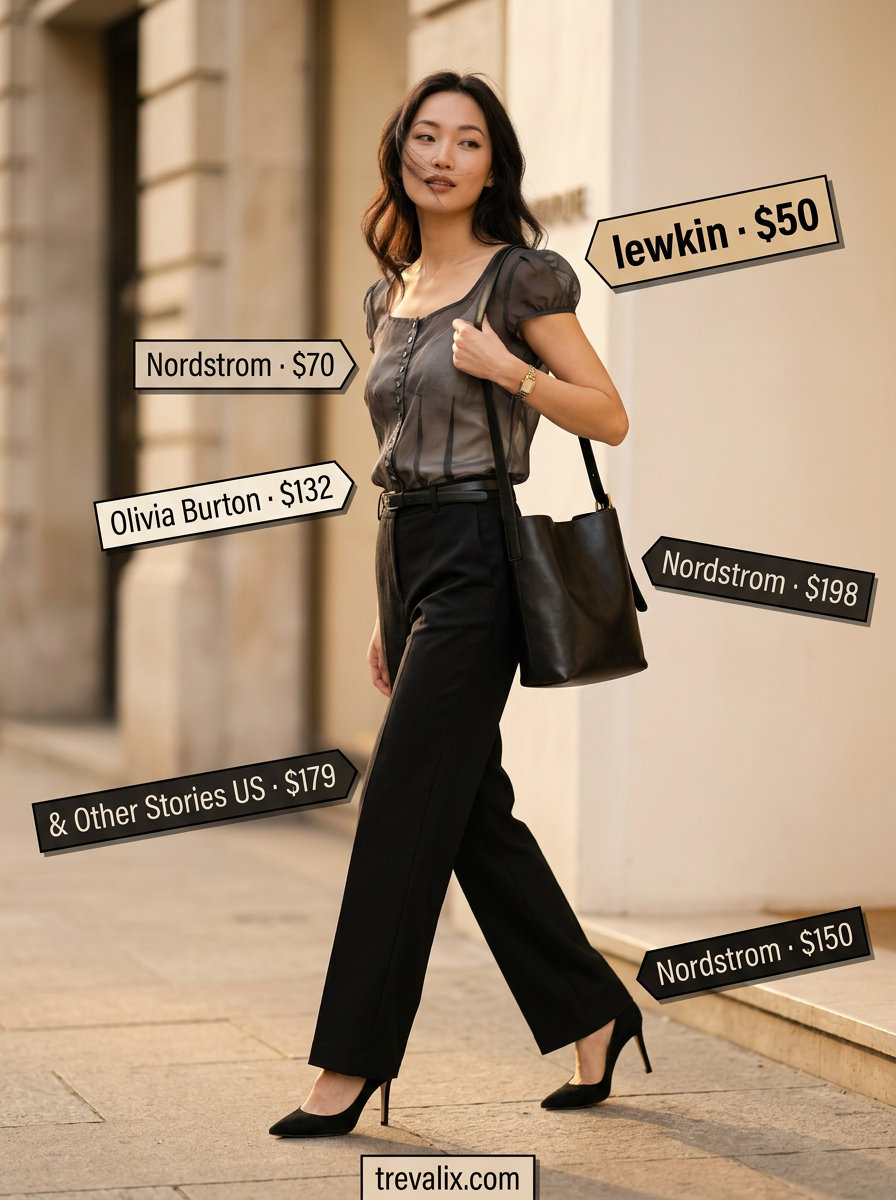 Sophisticated Summer Mesh Top Outfit 2026: Charcoal grey mesh blouse over ivory camisole, black trousers, pumps, and tote.