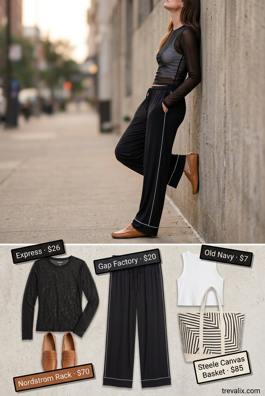 Summer Mesh Top Outfits for Women 2026: Black mesh top with wide-leg pants, loafers, patterned scarf.