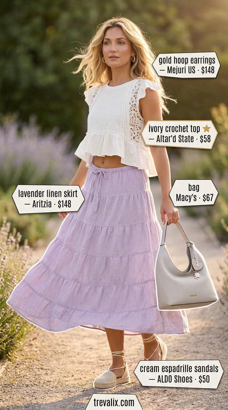 Summer Mesh Top Outfits for Women 2026: White crochet mesh top with lavender midi skirt, espadrilles.