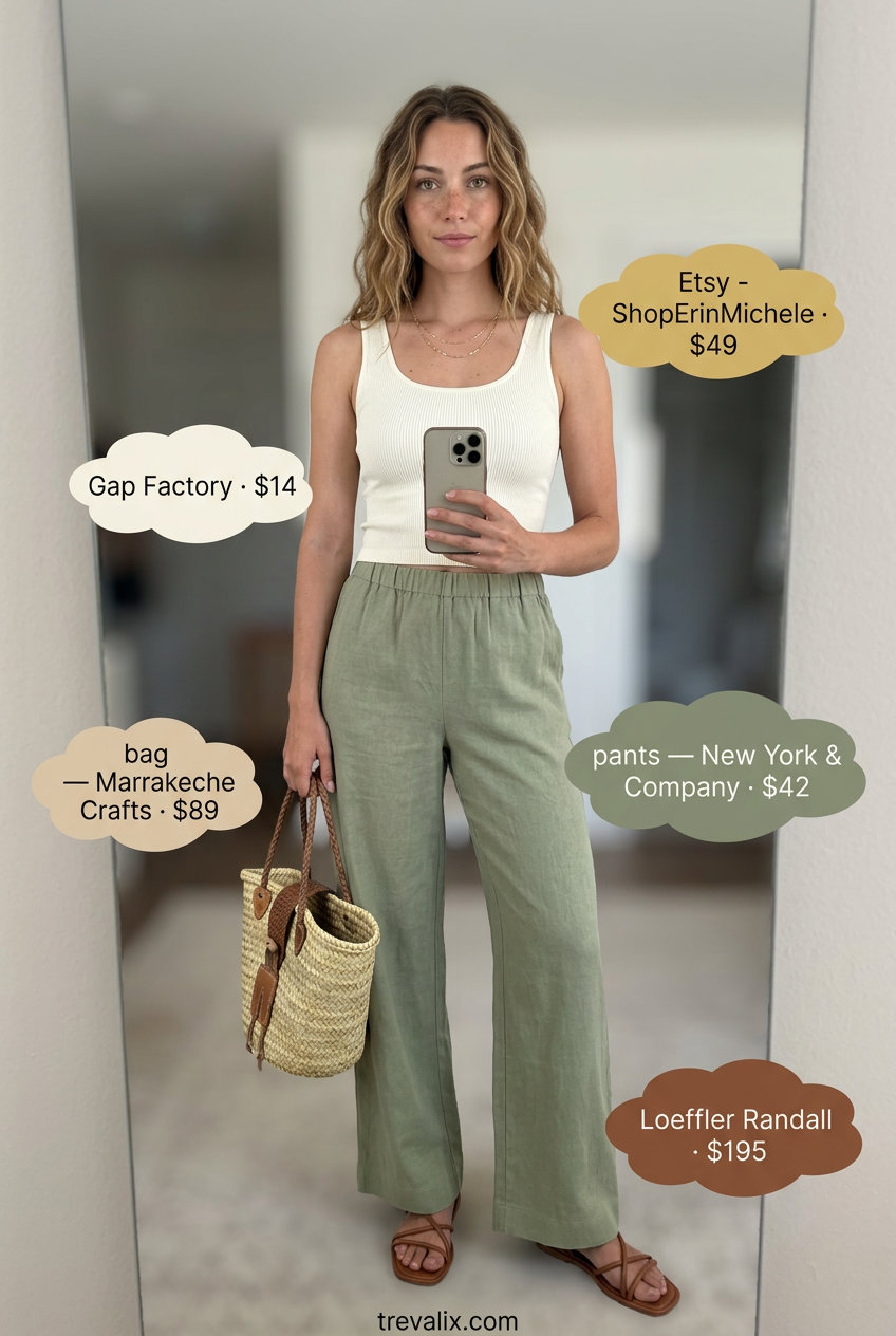 Summer Mesh Top Outfits for Women 2026: Olive green linen pants, cream crop top, gold necklaces, straw tote.