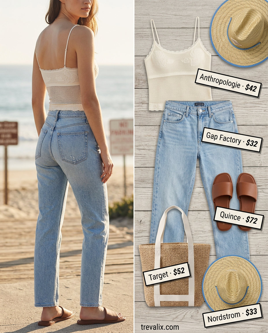 Relaxed off-white crochet mesh tank top with light wash jeans for casual summer outfits 2026.