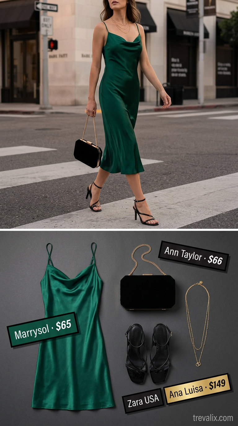 Elegant Evening Summer Mesh Top Outfits for Women 2026: Emerald green slip dress with black heels and clutch.