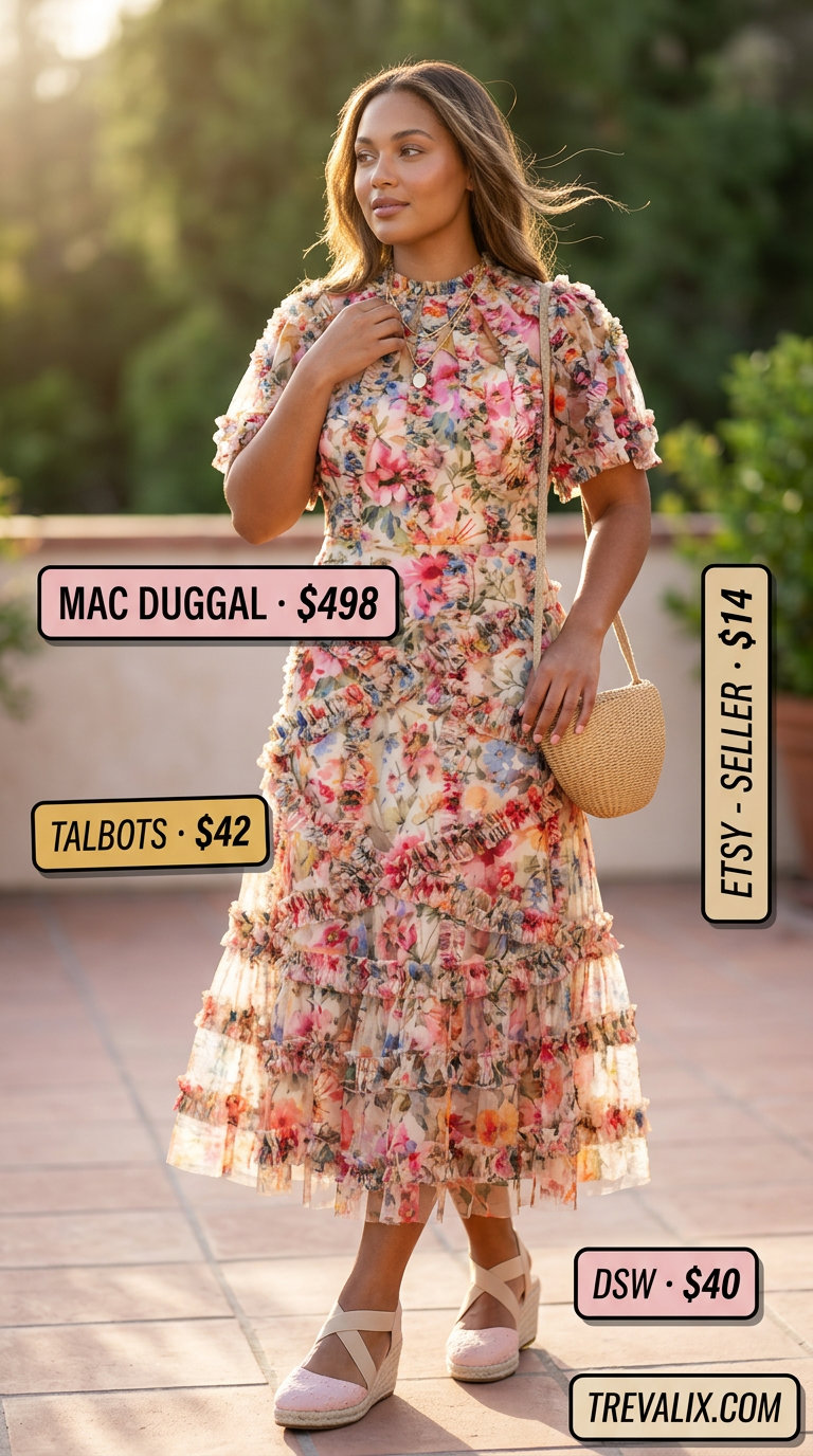 Feminine floral print mesh sleeve dress with espadrille wedges for casual summer brunch outfits 2026.