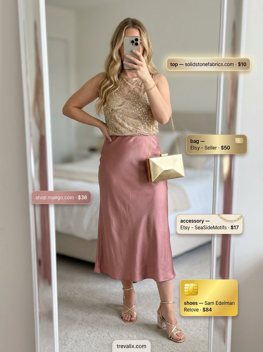 Summer Mesh Top Outfits for Women 2026: Nude glitter mesh top with golden yellow satin skirt, gold heels.