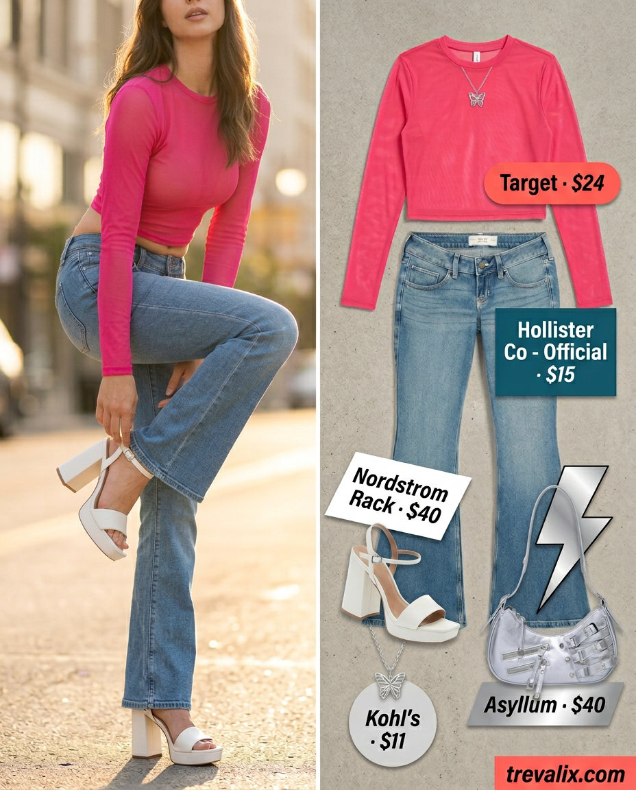 Y2K hot pink mesh halter crop top with flared jeans for fun festival outfits 2026.