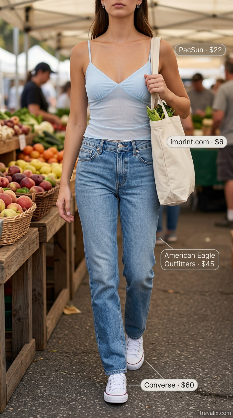 Casual Weekend Summer Mesh Top Outfits for Women 2026: Light blue mesh tee with denim jeans, white sneakers, and canvas tote.