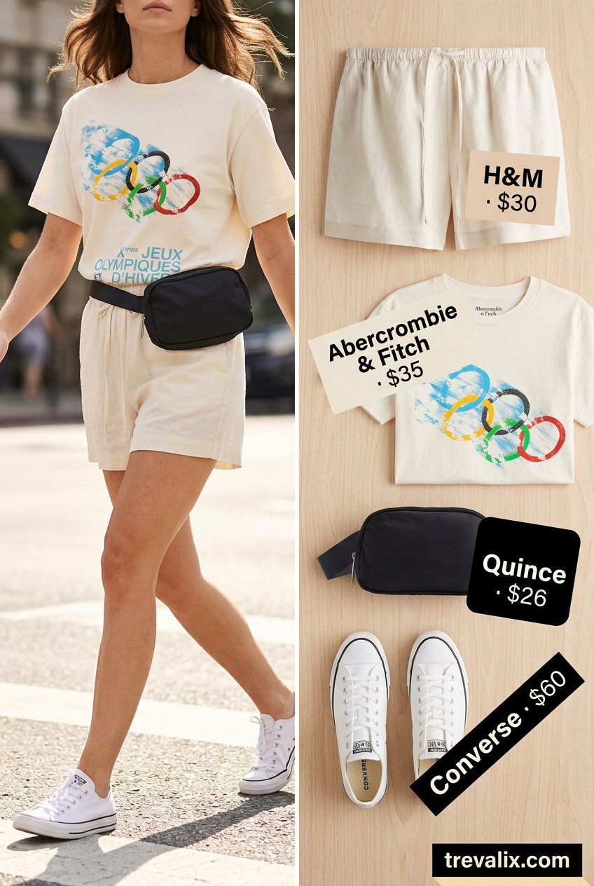 Casual Summer Mesh Top Outfits for Women 2026: White graphic tee with linen shorts, sneakers, and black belt bag.