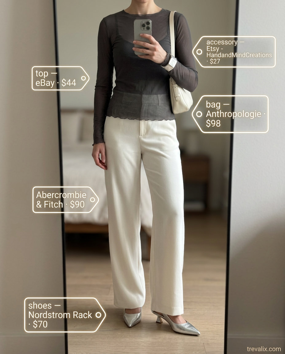 Summer Mesh Top Outfits for Women 2026: Charcoal mesh top with cream wide-leg trousers, kitten heels.