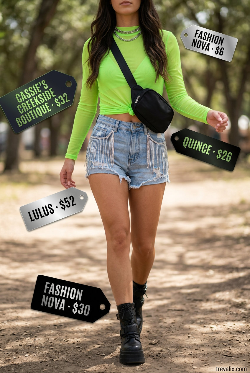 Bold neon green mesh crop top with distressed denim shorts for fun summer festival outfits 2026.