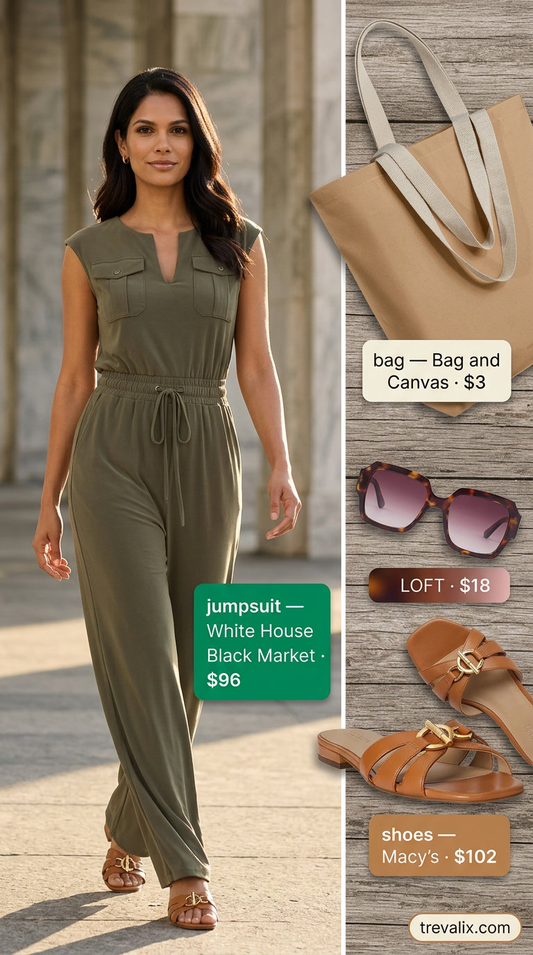 Relaxed Summer Mesh Top Outfits for Women 2026: Olive green utility jumpsuit with tan slides and canvas tote.