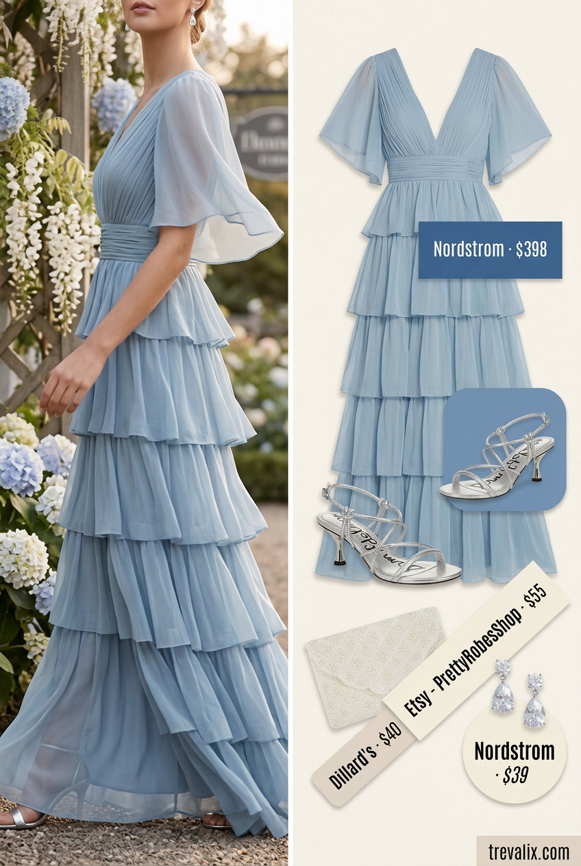 Ethereal pastel blue mesh overlay dress with silver sandals for elegant summer wedding guest outfits 2026.