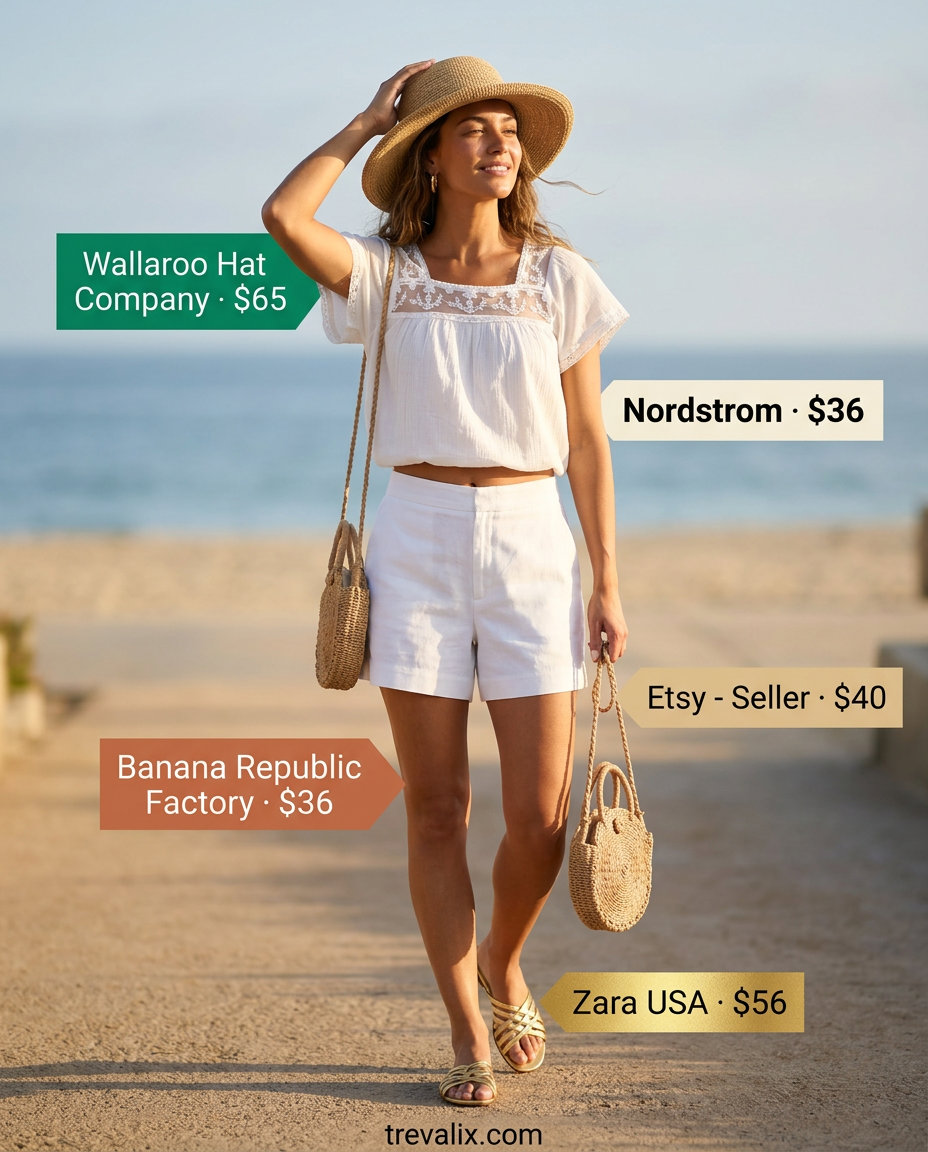 Summer Mesh Top Outfits for Women 2026: White lace mesh top with linen shorts, straw bag, gold sandals.