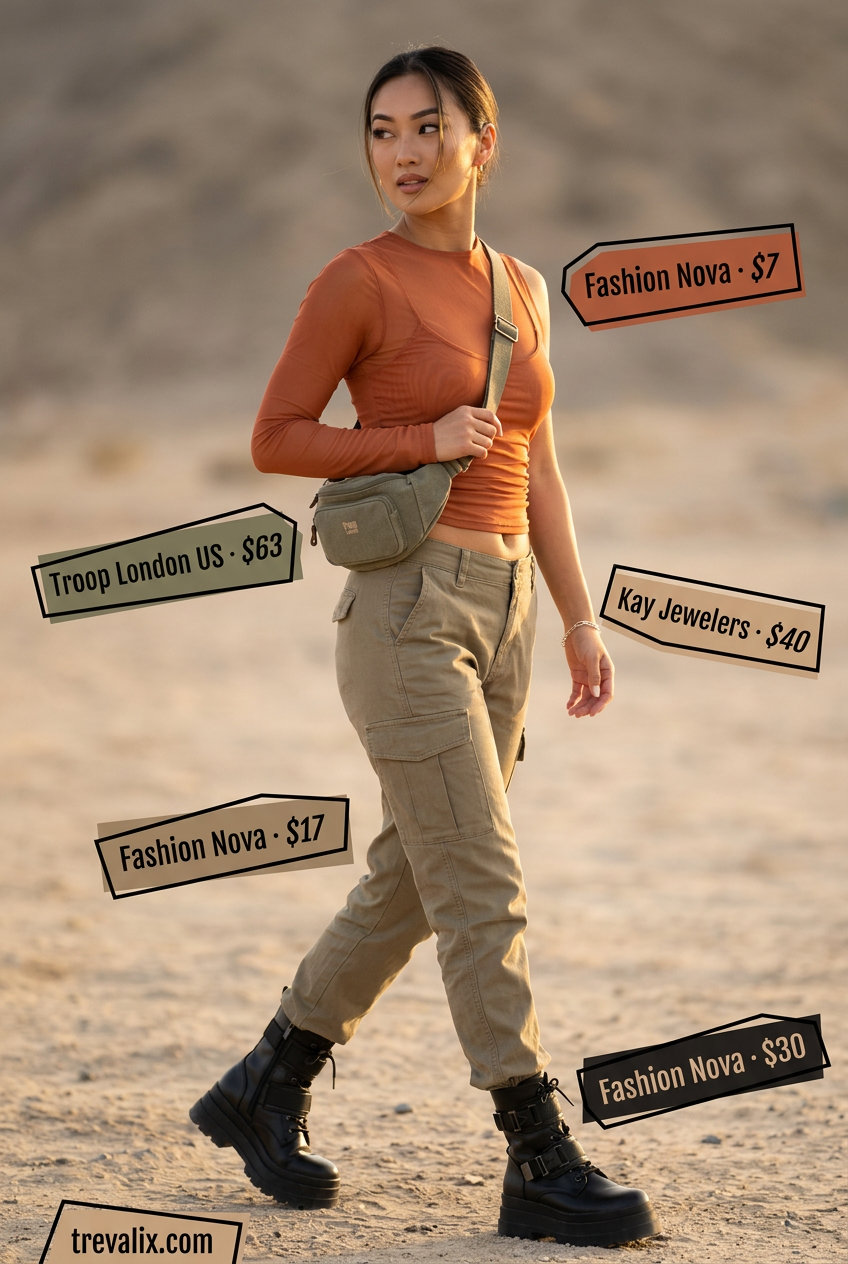 Earthy rust orange mesh top with olive green cargo pants and combat boots for casual summer outfits 2026.