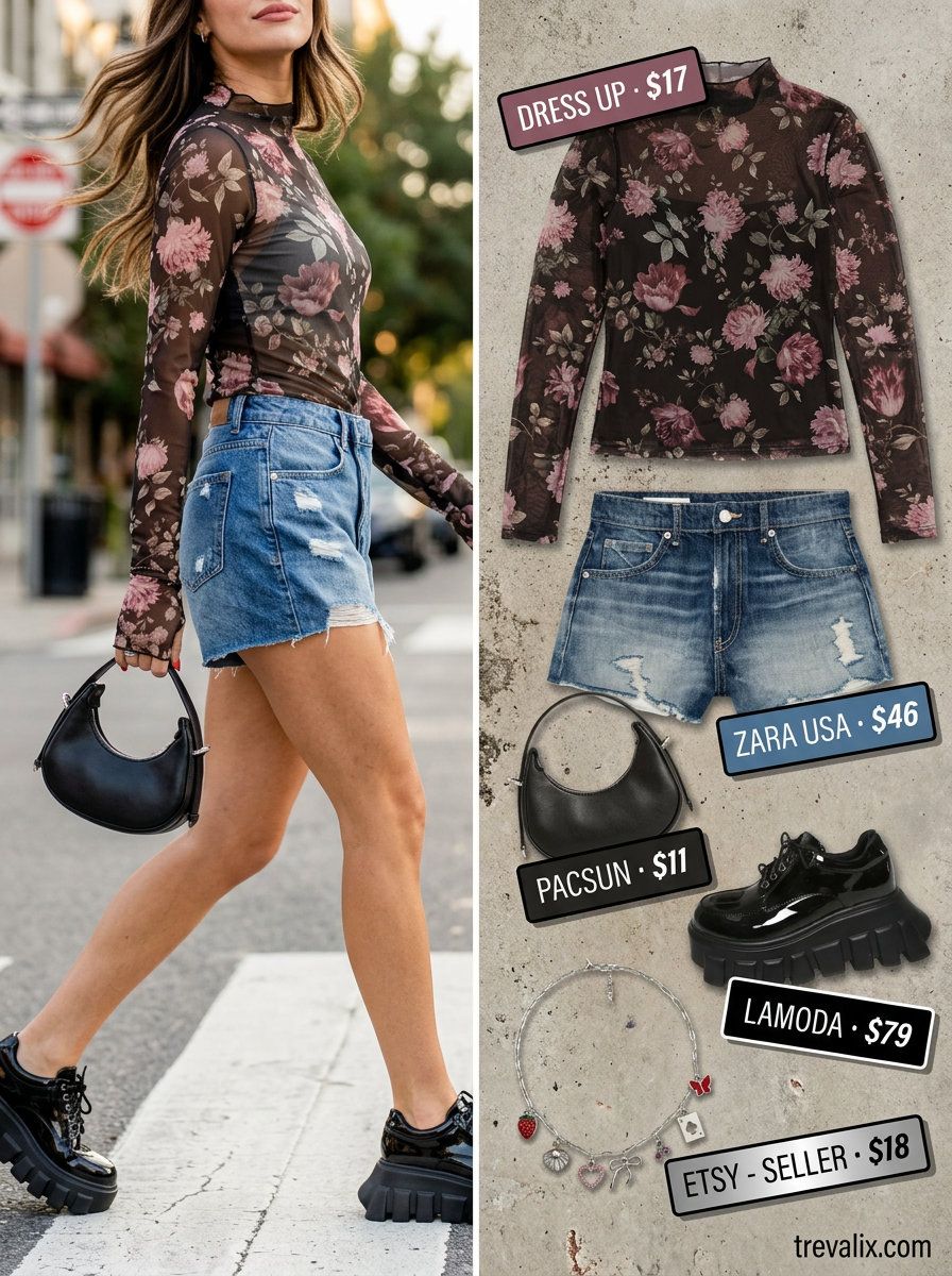 Summer Mesh Top Outfits for Women 2026: Black floral mesh top with denim shorts, platform sneakers.