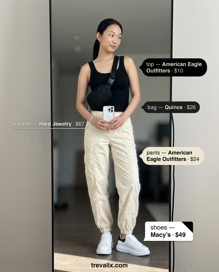 Summer Mesh Top Outfits for Women 2026: Khaki cargo pants, black tank, chunky sneakers, belt bag.