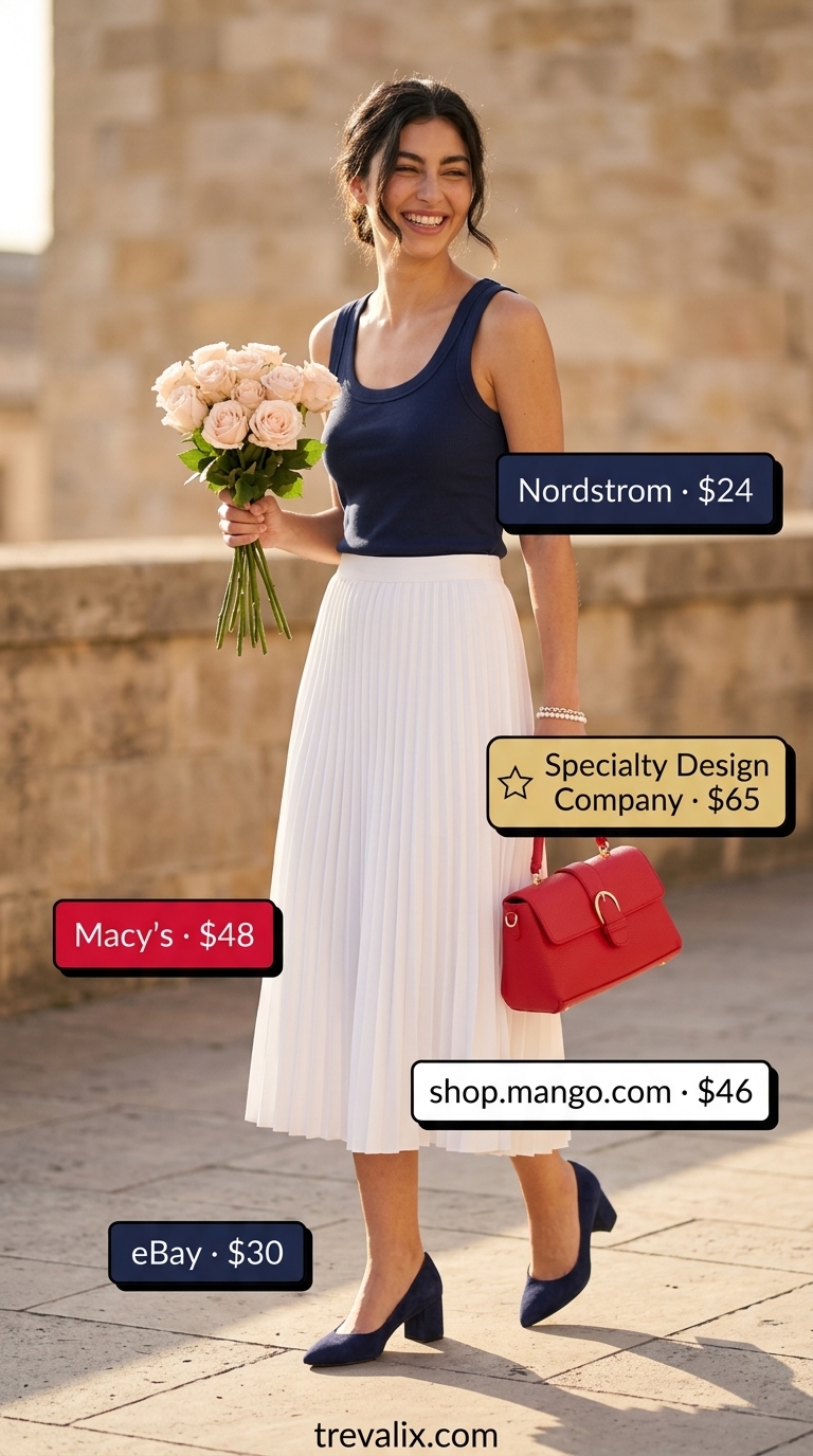 Summer Old Money Pearl Outfit 2026: Afternoon Tea Summer old money pearl outfit for women 2026: White skirt, navy top, pearl bracelet for afternoon tea.