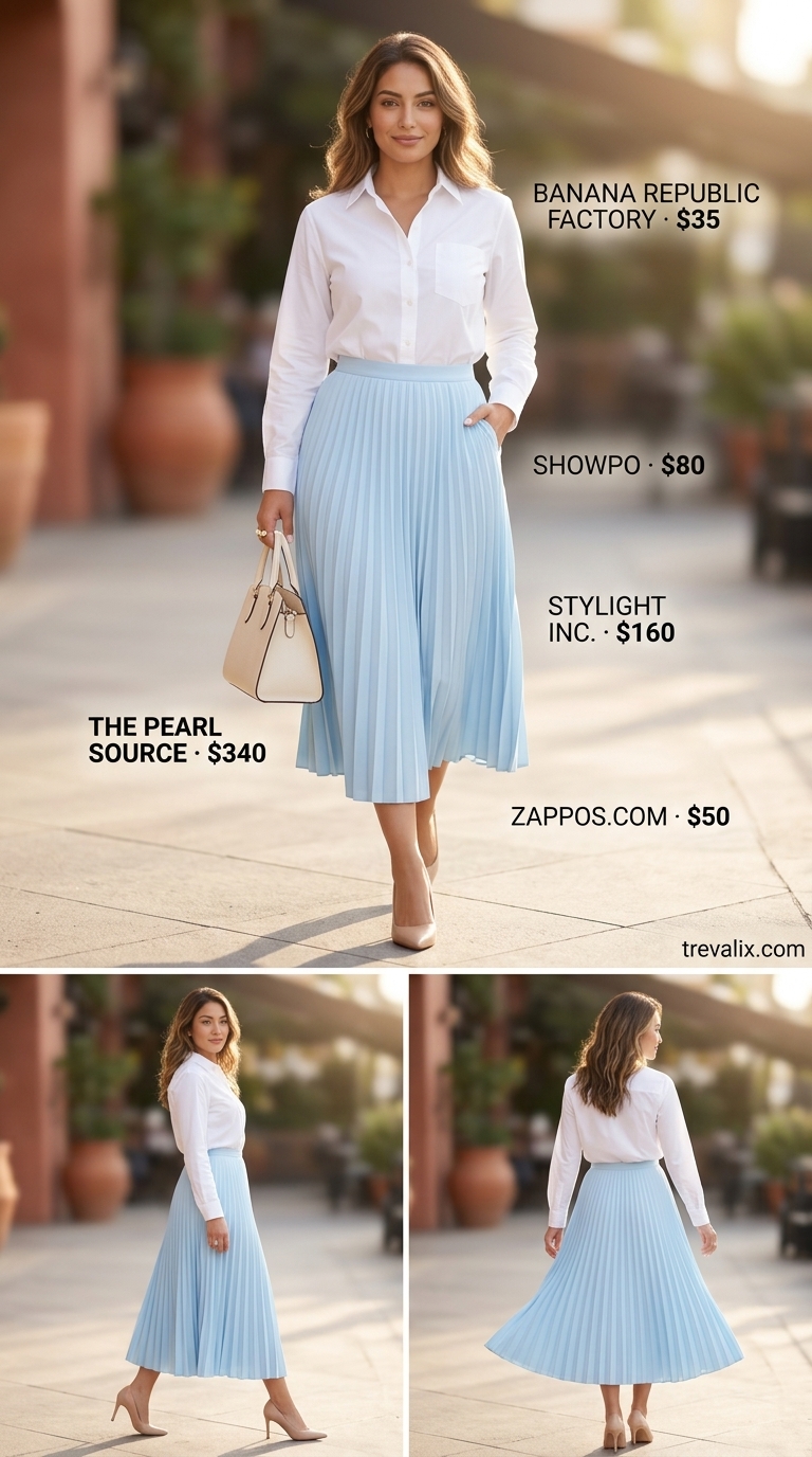 Summer Old Money Pearl Outfit 2026: Boardroom to Bistro Summer old money pearl outfit for women 2026: Blue skirt, white shirt, pearl ring for boardroom to bistro.