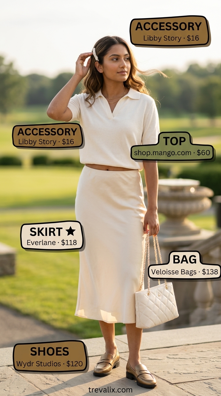 Country Club Lunch: Summer Old Money Pearl Outfit 2026 Summer old money pearl outfit for women 2026: Taupe midi skirt, cream polo, pearl hair clip for country club lunch.
