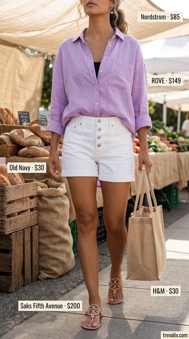 Farmers Market Style: Summer Old Money Pearl Outfit 2026 Summer old money pearl outfit for women 2026: Lavender linen shirt, white denim shorts, pearl hoops for farmers market.