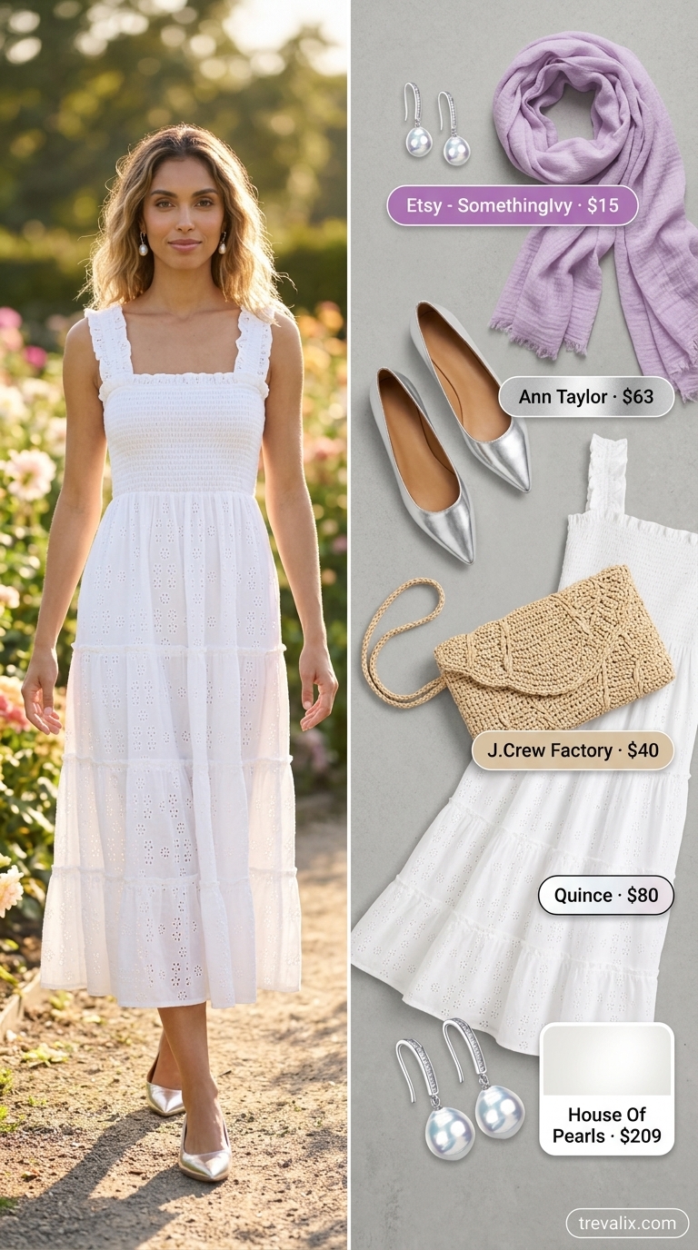 Garden Party Dream: Summer Old Money Pearl Outfit 2026 Summer old money pearl outfit for women 2026: Lavender dress, pearl earrings, straw clutch for a garden party.