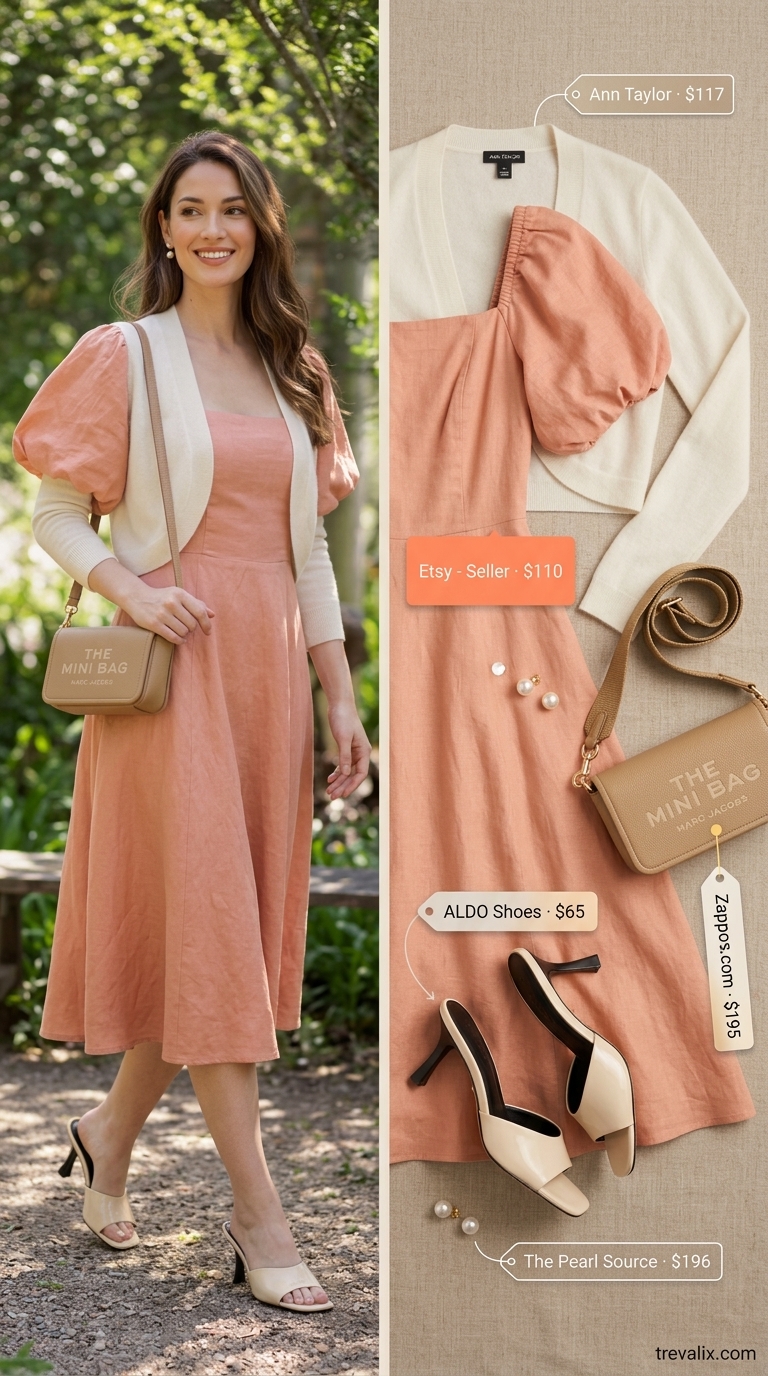 Summer Old Money Pearl Outfit 2026: Garden Party Summer old money pearl outfit for women 2026: Peach linen dress, cream mules, pearl studs for a garden party.