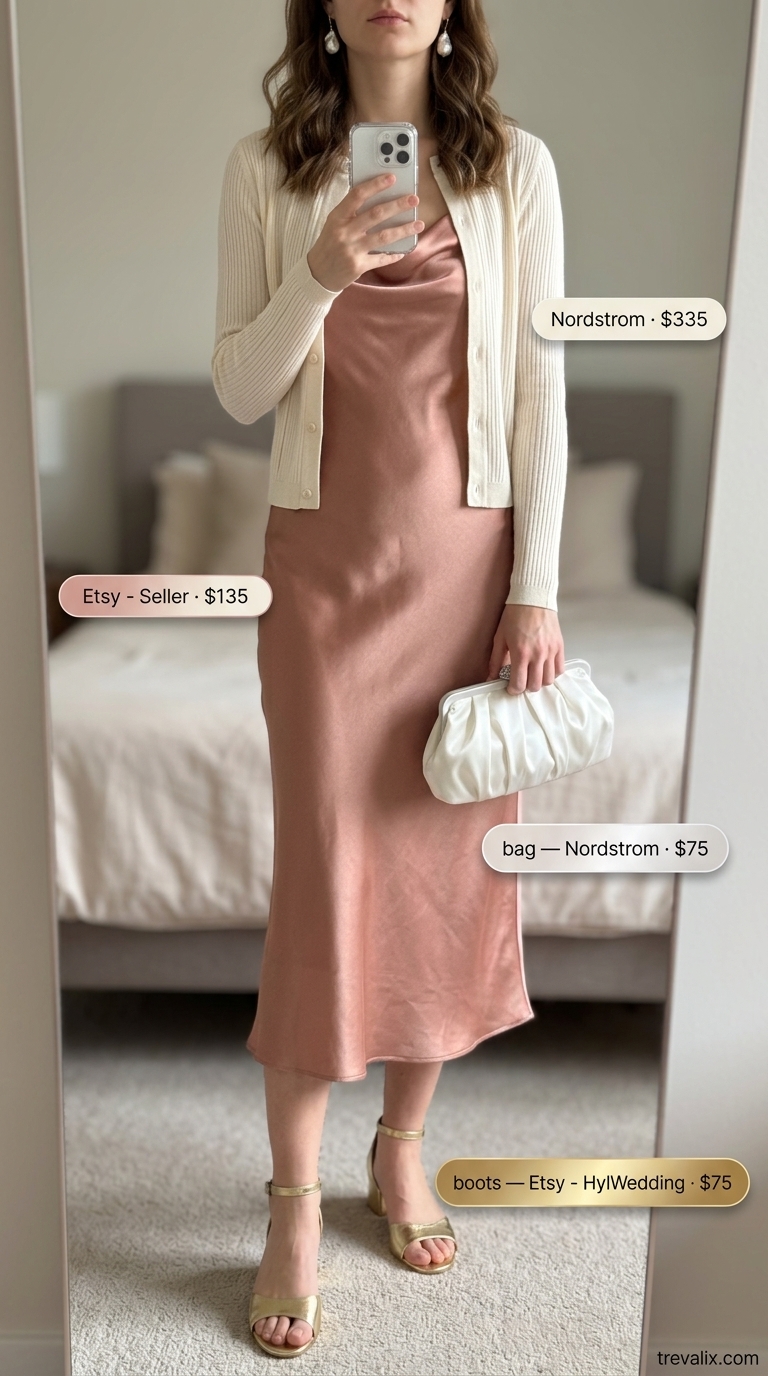 Summer Old Money Pearl Outfit 2026: Garden Rendezvous Summer old money pearl outfit for women 2026: Blush slip dress, baroque pearl earrings, gold sandals for garden rendezvous.
