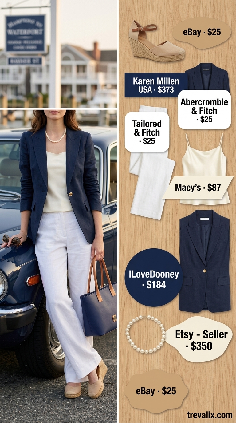 Summer Old Money Pearl Outfit 2026: Hamptons Brunch Summer old money pearl outfit for women 2026: Navy blazer, white trousers, pearl necklace for Hamptons brunch.