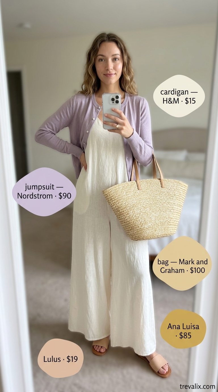 Lakeside Retreat: Summer Old Money Pearl Outfit 2026 Summer old money pearl outfit for women 2026: Off-white jumpsuit, lavender cardigan, pearl ring for a lakeside retreat.