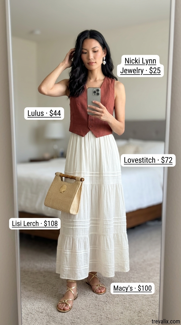Summer Old Money Pearl Outfit 2026: Villa Dinner Summer old money pearl outfit for women 2026: Ivory maxi dress, terracotta vest, gold pearl earrings, straw clutch for Mediterranean villa dinner.