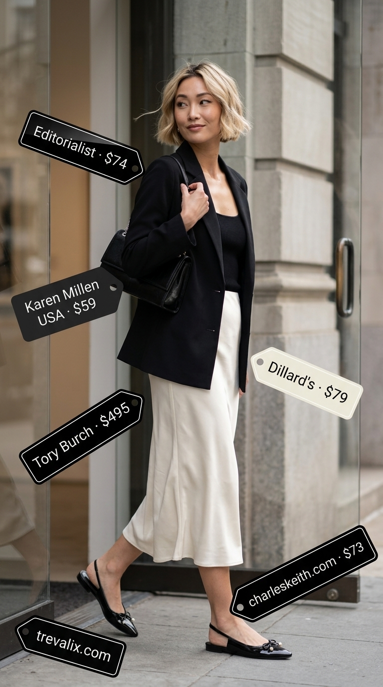 Museum Date Chic: Summer Old Money Pearl Outfit 2026 Summer old money pearl outfit for women 2026: Ivory slip skirt, black knit top, pearl flats for a museum date.