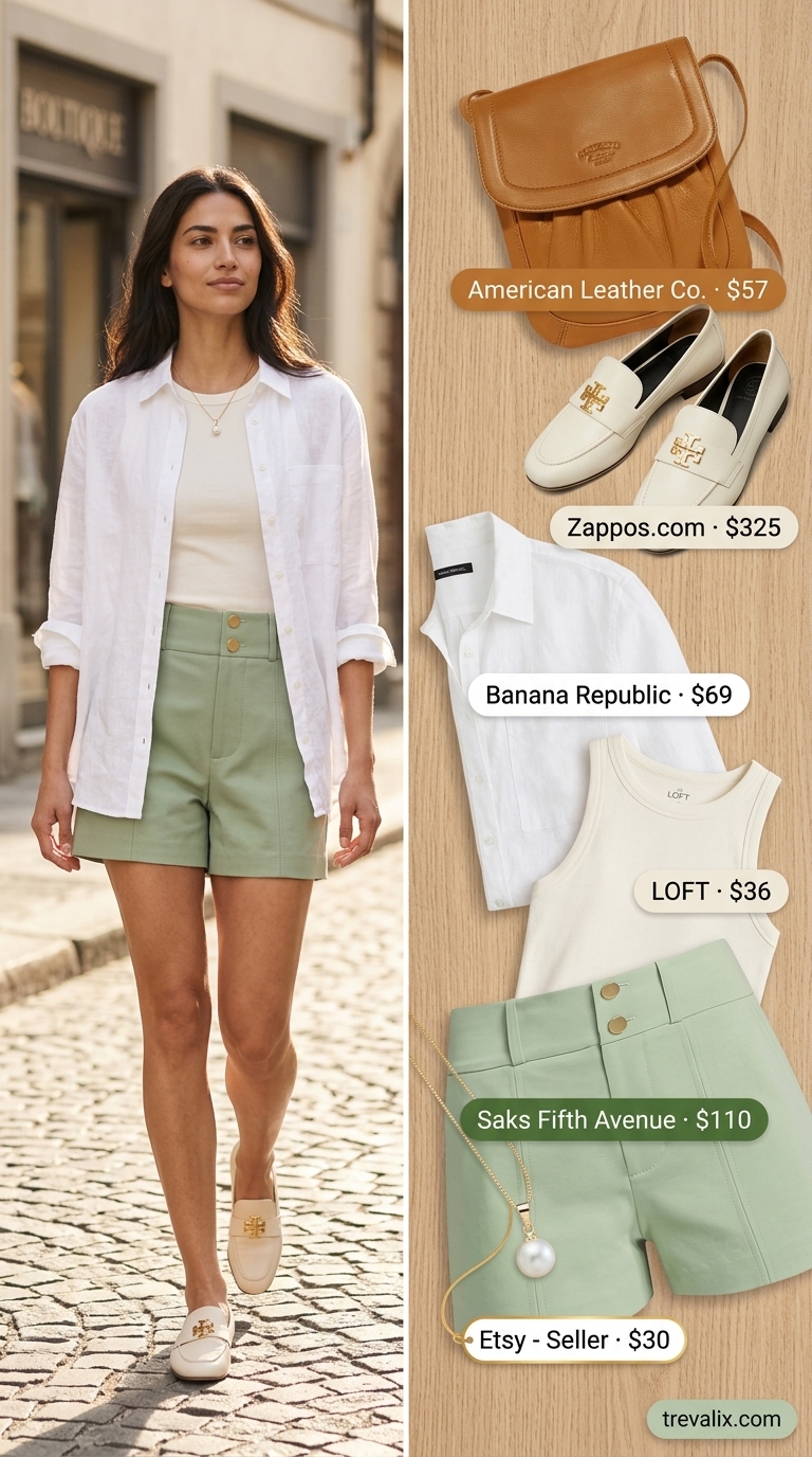 Summer Old Money Pearl Outfit 2026: Museum Day Summer old money pearl outfit for women 2026: Sage shorts, ivory tank, pearl necklace for museum day.