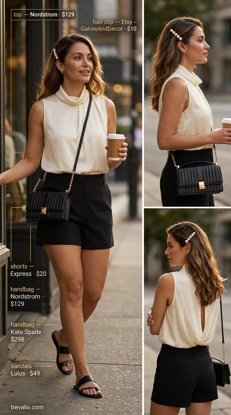 Parisian Cafe Chic: Summer Old Money Pearl Outfit 2026 Summer old money pearl outfit for women 2026: Black shorts, ivory silk blouse, pearl barrette for Parisian cafe.