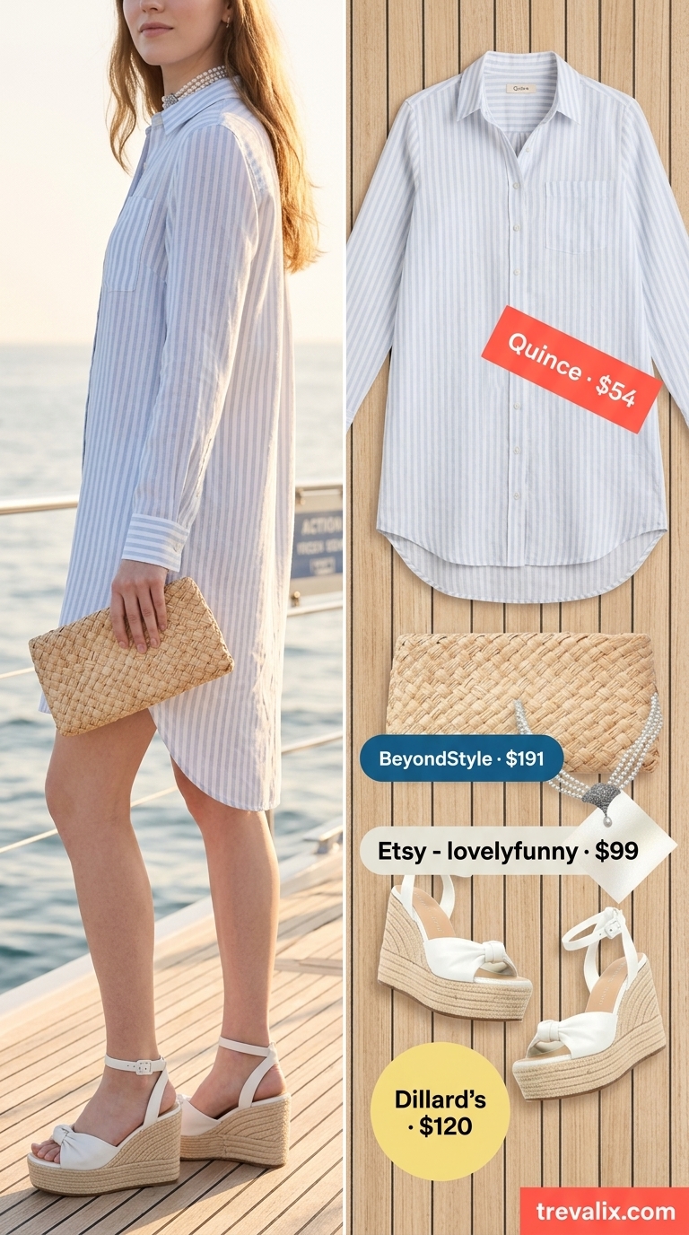 Riviera Yacht Club: Summer Old Money Pearl Outfit 2026 Summer old money pearl outfit for women 2026: Sky blue linen dress, layered pearls, straw clutch for Riviera yacht club.