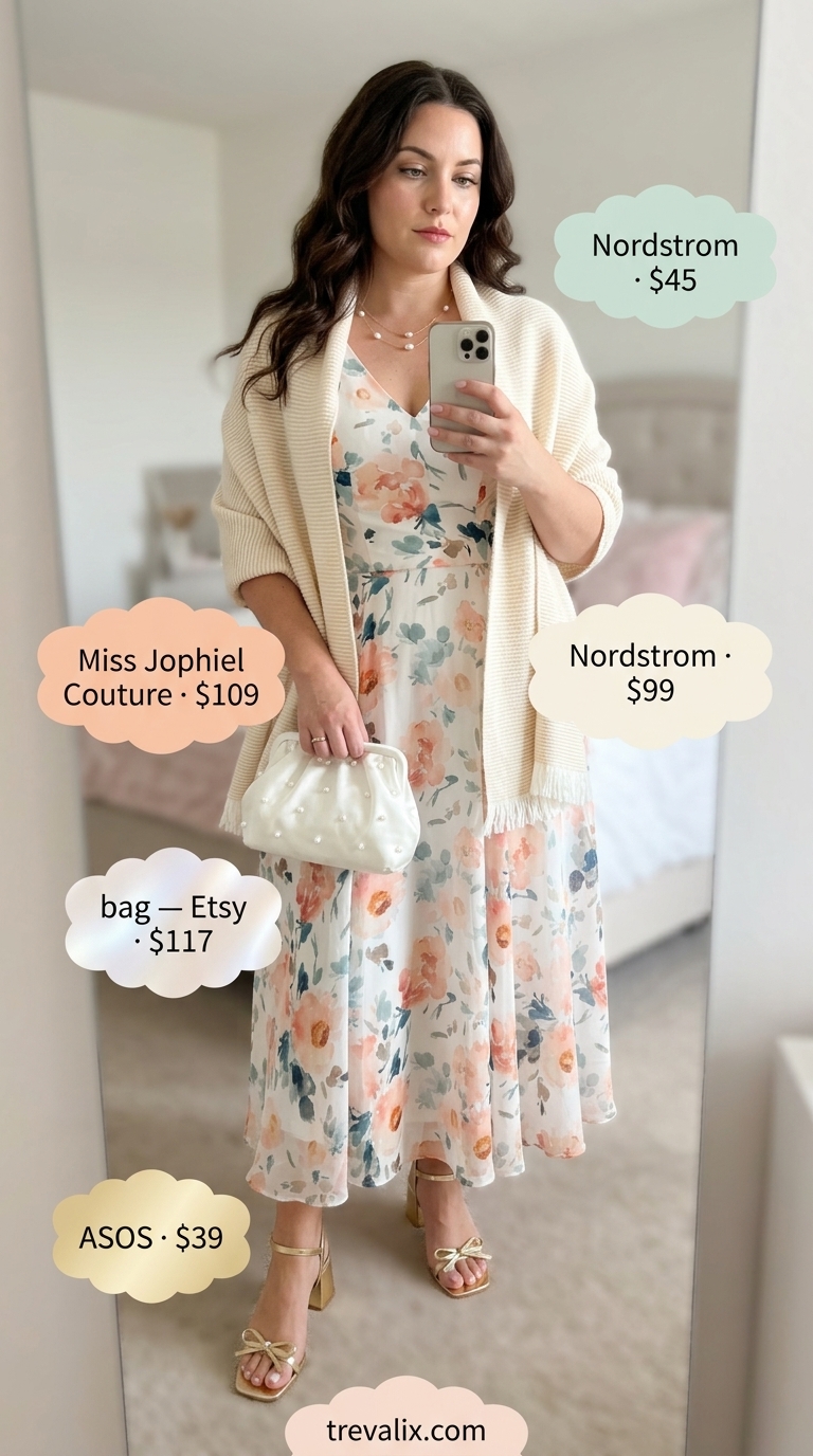 Summer Gala Enchantment: Old Money Pearl Outfit 2026 Summer old money pearl outfit for women 2026: Peach floral dress, pearl necklaces, gold sandals for a summer gala.