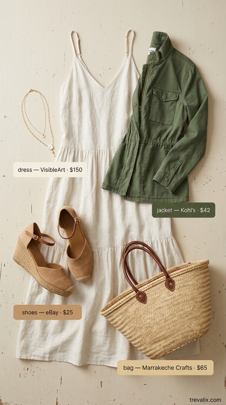 Summer Old Money Pearl Outfit 2026: Vineyard Visit Summer old money pearl outfit for women 2026: Cream linen dress, olive jacket, layered pearls for vineyard visit.